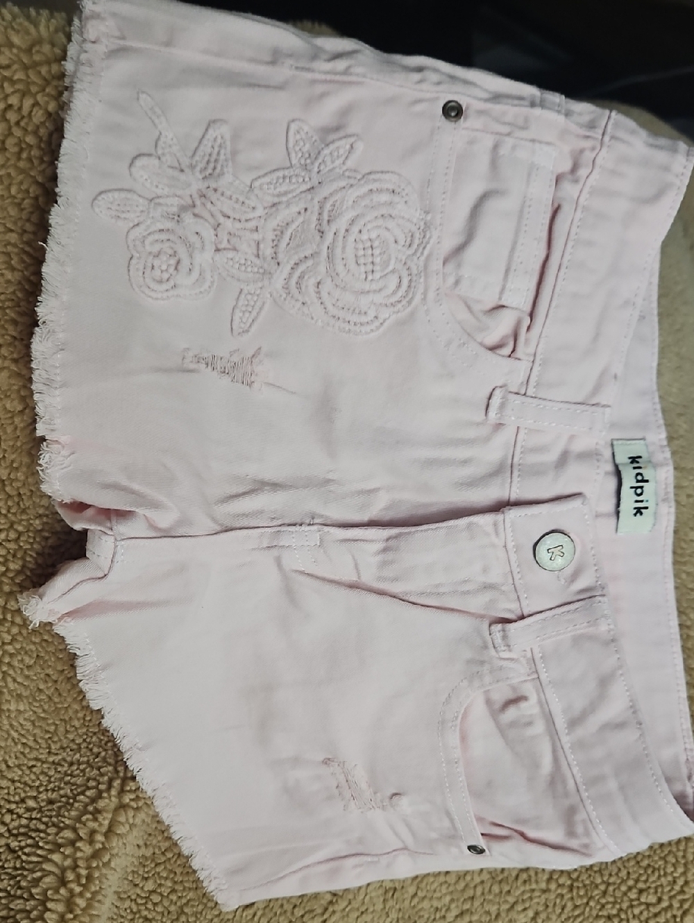 kidpik Light Pink Embroidered Denim Shorts with Frayed Hem